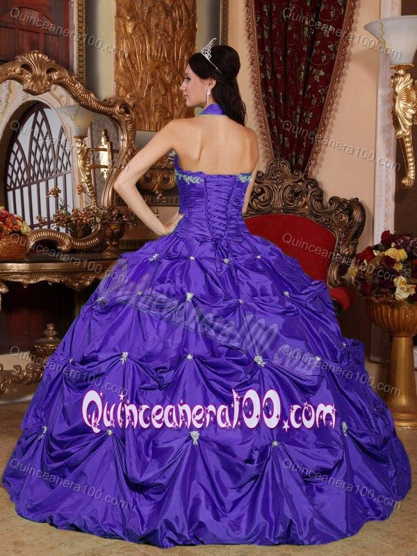 2013 Purple Halter Top Quinceanera Dress with Appliques and Pick Ups