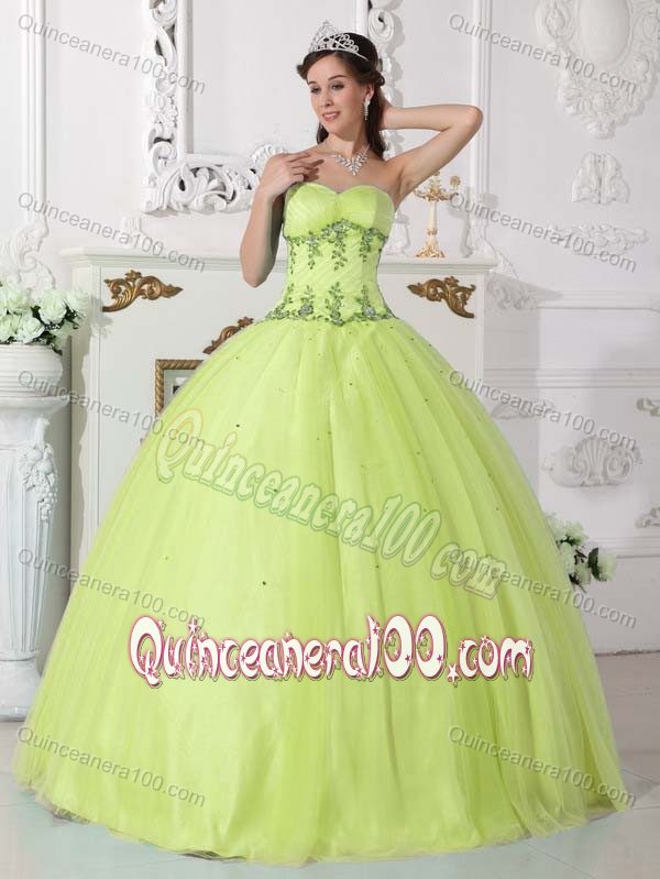 Yellow Green Sweet 15 Dresses by Tulle and Taffeta with Embroidery