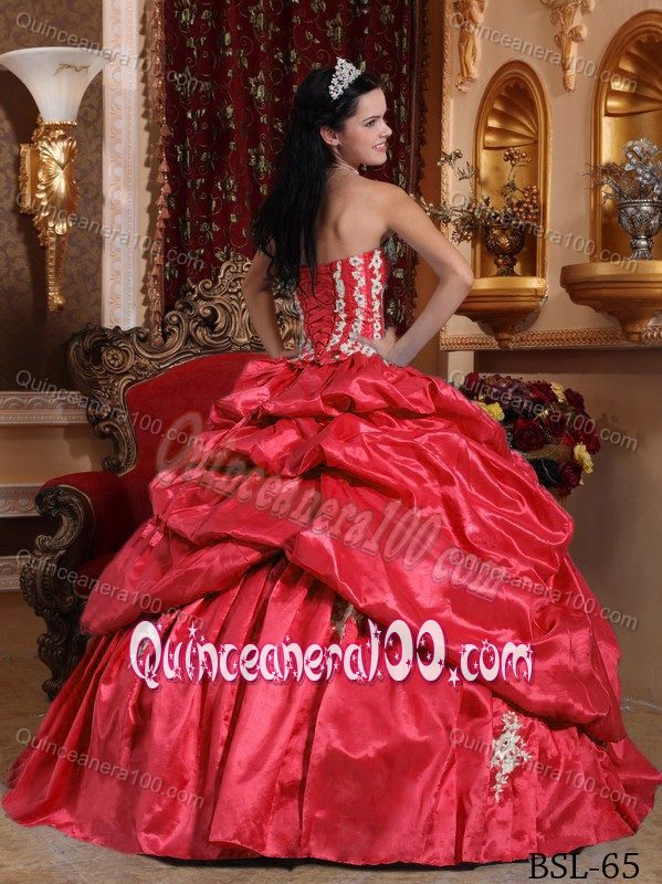 Coral Red Quinceanera Dress by Taffeta with Appliques and Ruffles