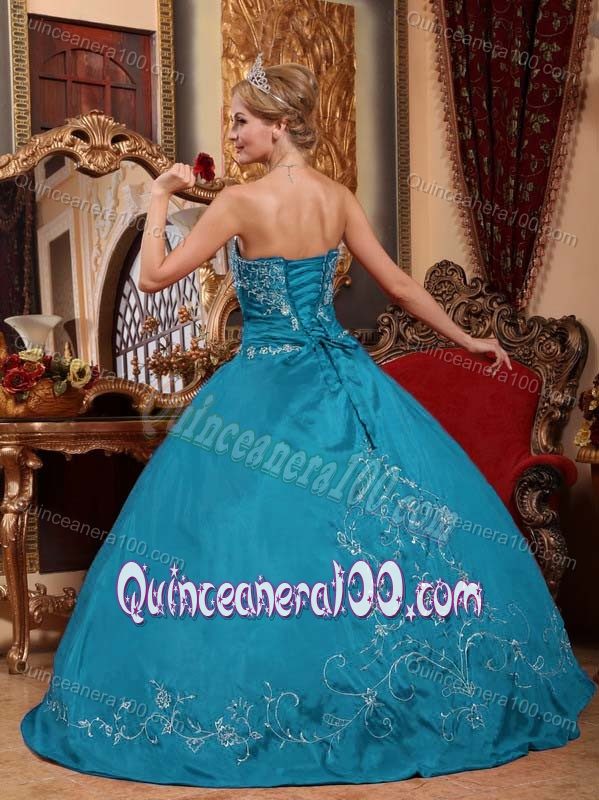 Teal Strapless Floor-length Embroidery Quinceneara Dresses