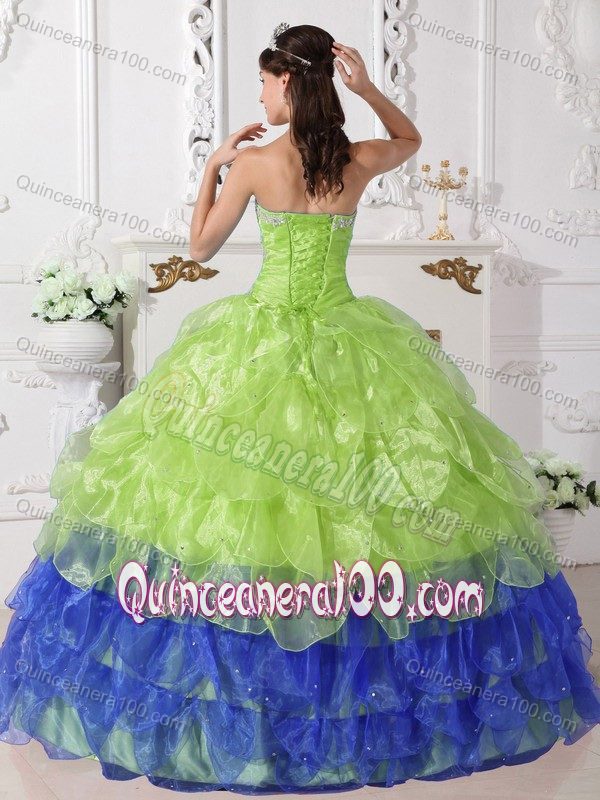 Yellow and Blue Tiered Organza Appliques Quinceanera Dresses