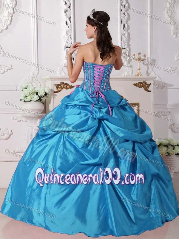 Beaded Teal Taffeta Sweet Sixteen Dresses with Hand-made Flowers