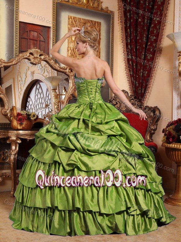 Olive Green Taffeta Quince Dresses with Pick-ups and Appliques