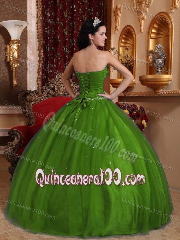 Green Beaded Tulle Sweet Sixteen Dresses with Hand-made Flowers