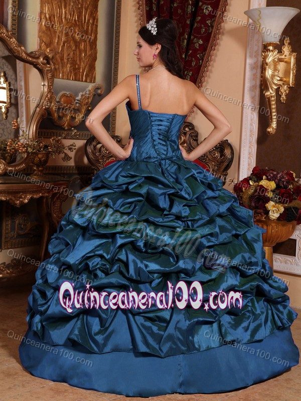 Blue One Shoulder Pick-ups Taffeta Quinceneara Dresses