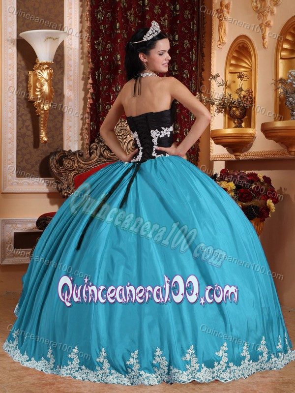 Blue and Black V-neck Quinceneara Dresses with Appliques