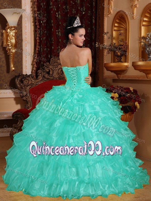 Apple Green Beaded Floor-length Strapless Quinceneara Dresses