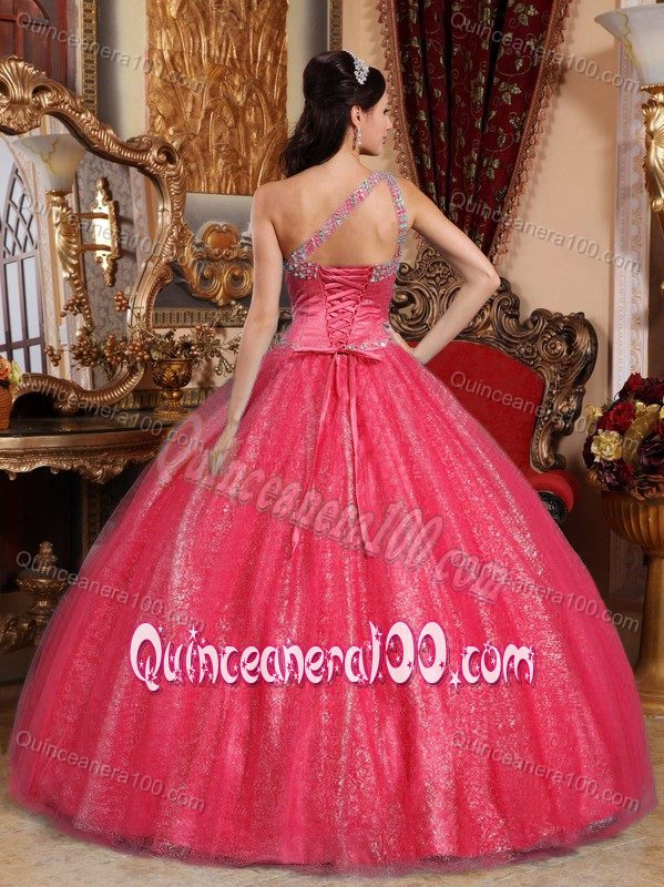 Red One Shoulder Beaded Ball Gown Tulle Sweet 15 Dresses