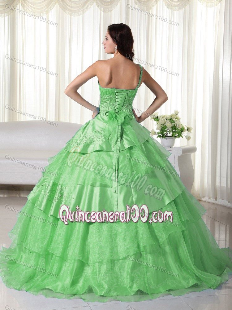 Green One Shoulder Layered Organza Sweet Sixteen Dresses