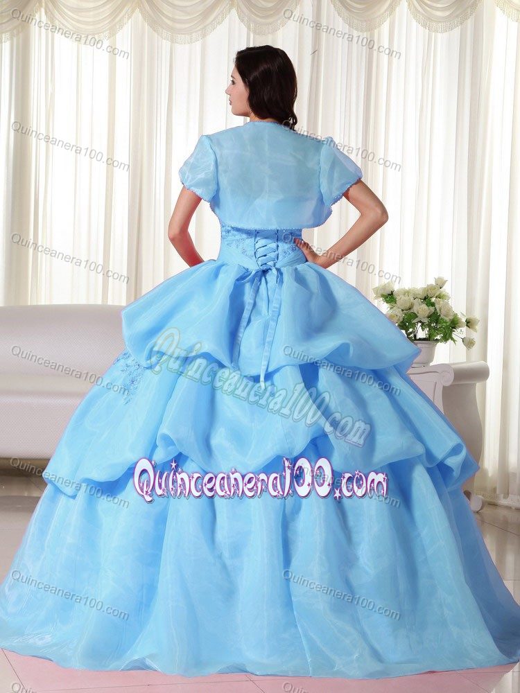 Baby Blue Strapless Floor-length Sweet 15 Dresses with Flowers