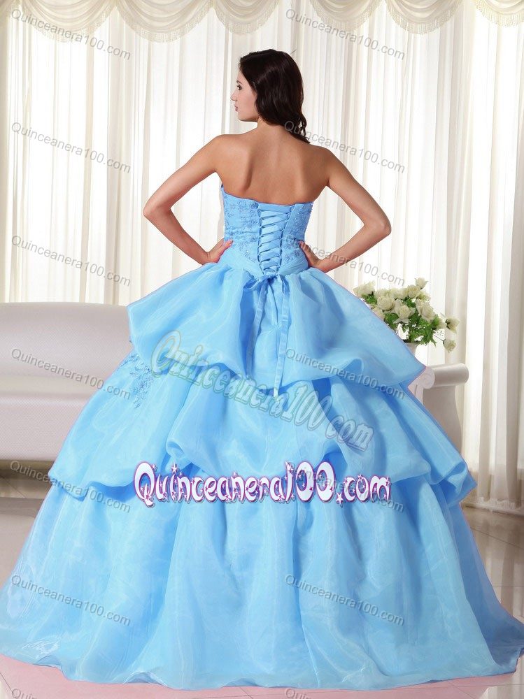 Baby Blue Strapless Floor-length Sweet 15 Dresses with Flowers