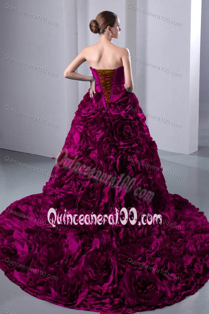 Fuchsia Quinceanera Dresses with Rolling Flowers and Train