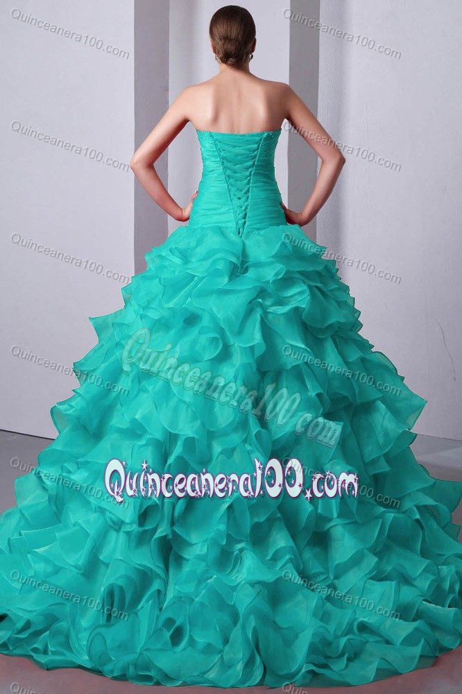 Turquoise Layered Ruffles Beaded Miss World Sweet 15 Dresses with Train on Sale