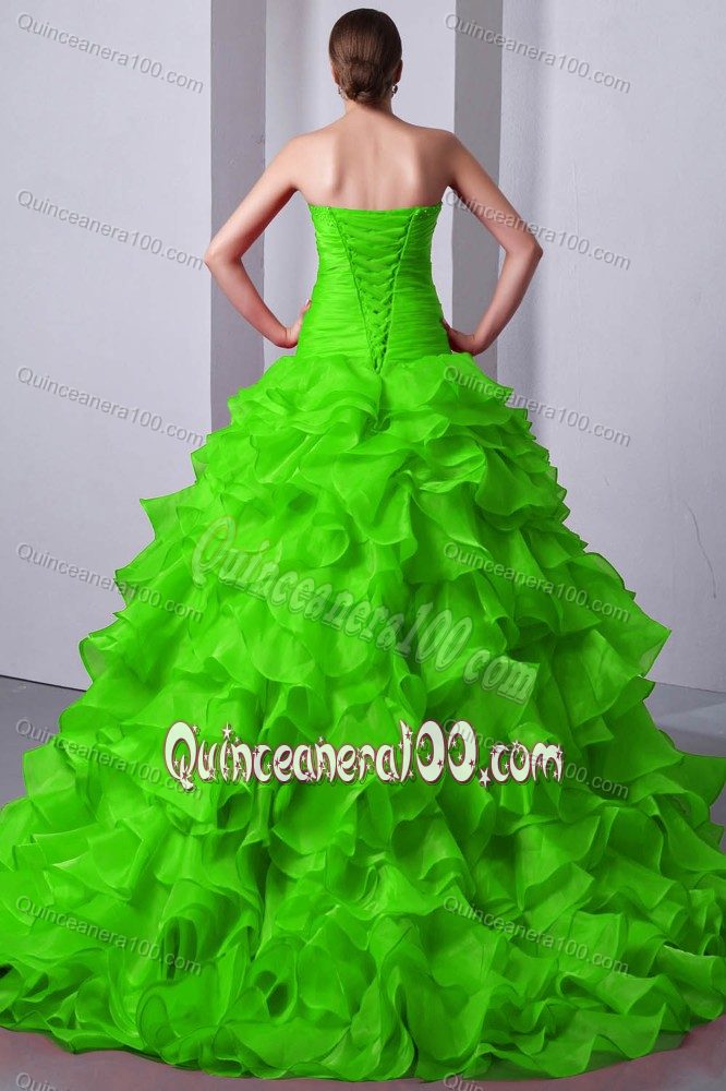 Spring Green Beaded Quinceneara Dresses with Layered Ruffles