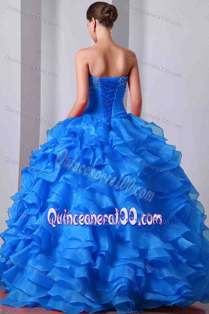 Aqua Blue Beaded Mariah Carey Quinceanera Dresses with Layered Ruffles