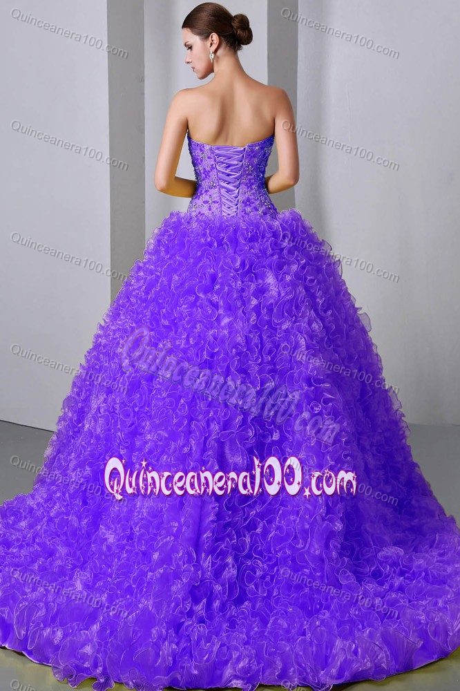 Purple Beaded Brush Train Quinceneara Dresses with Rolling Flowers