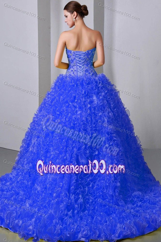 Blue Beaded Brush Train Sweet 15 Dresses with Rolling Flowers