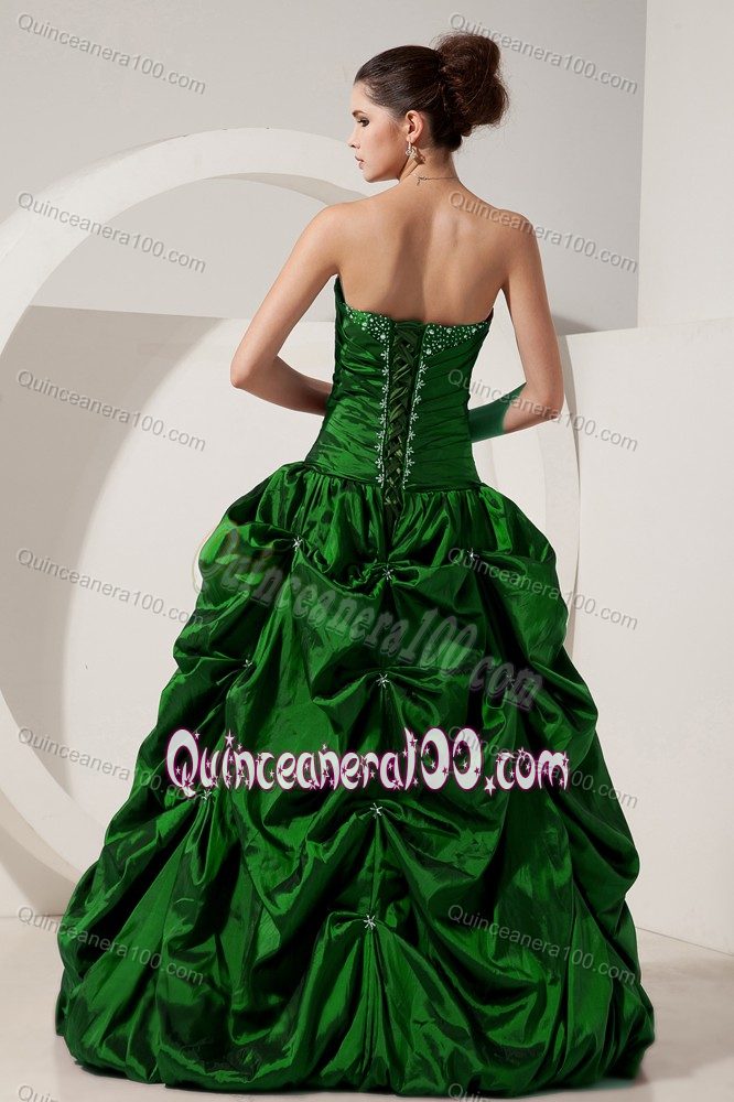 Green Princess Beaded Taffeta Quinceanera Dresses with Pick-ups