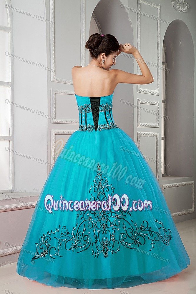 Teal Ball Gown Tulle Sweet Sixteen Dresses with Appliques