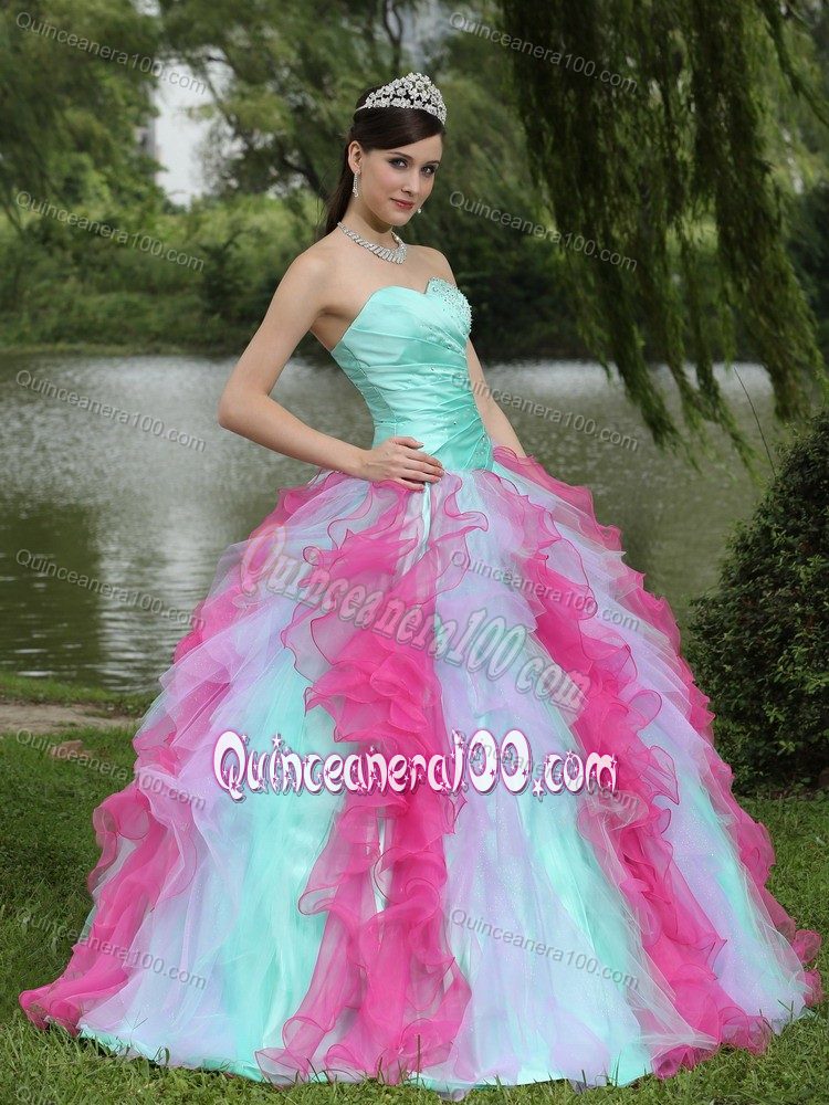 Snow White Multi-color Beaded Sweetheart Quinceneara Dresses with Ruffles