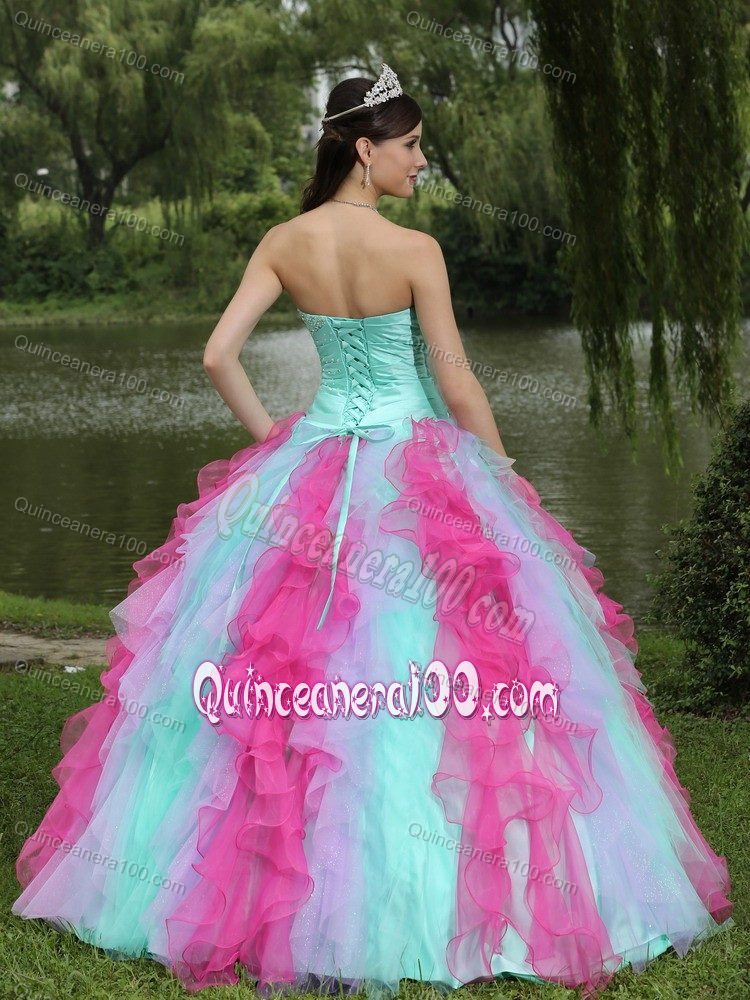 Snow White Multi-color Beaded Sweetheart Quinceneara Dresses with Ruffles