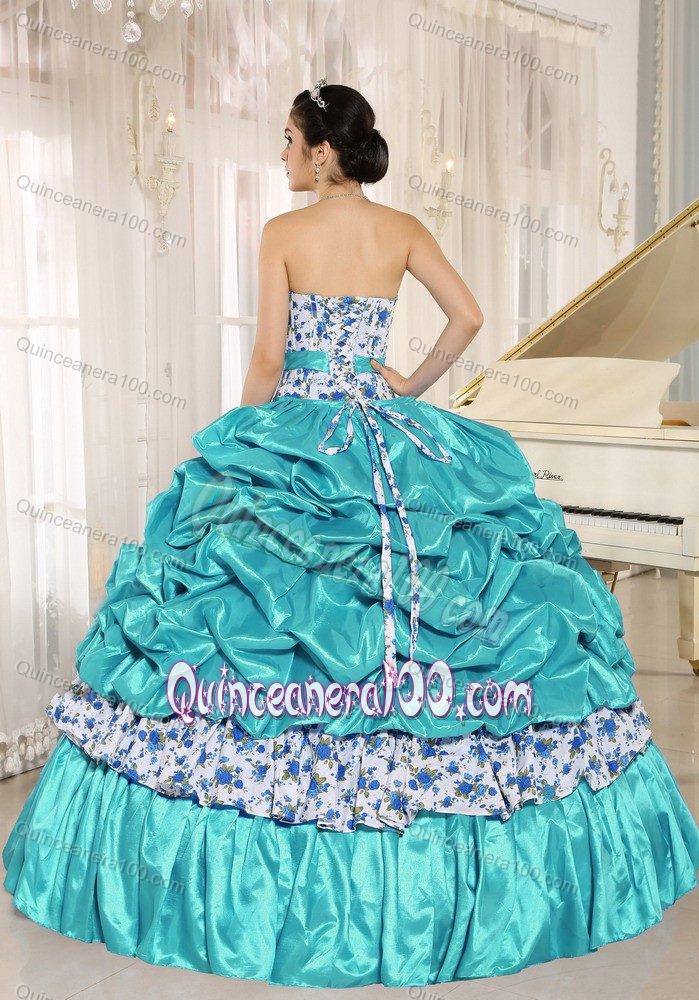 Turquoise Taffeta Quinceneara Dresses with Pick-ups and Printing