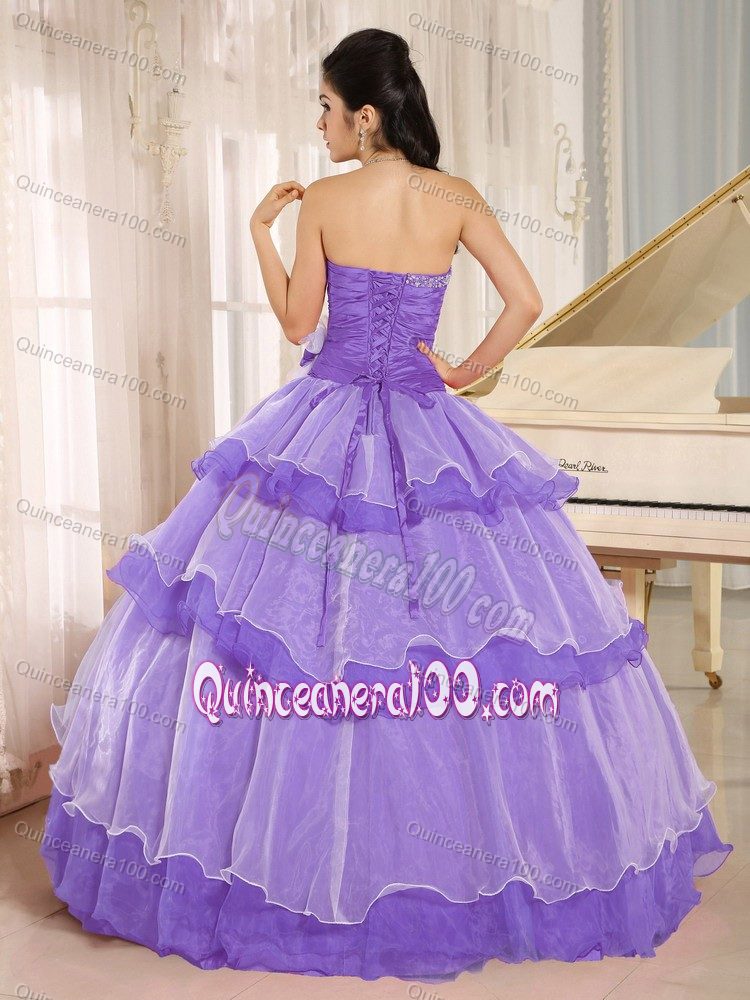 Purple Sweetheart Beaded Layered Quinceanera Dresses with Flower