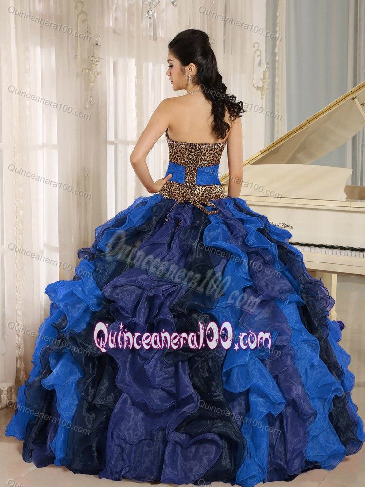 Multi-color Leopard V-neck Ruffled Oganza Sweet Sixteen Dresses