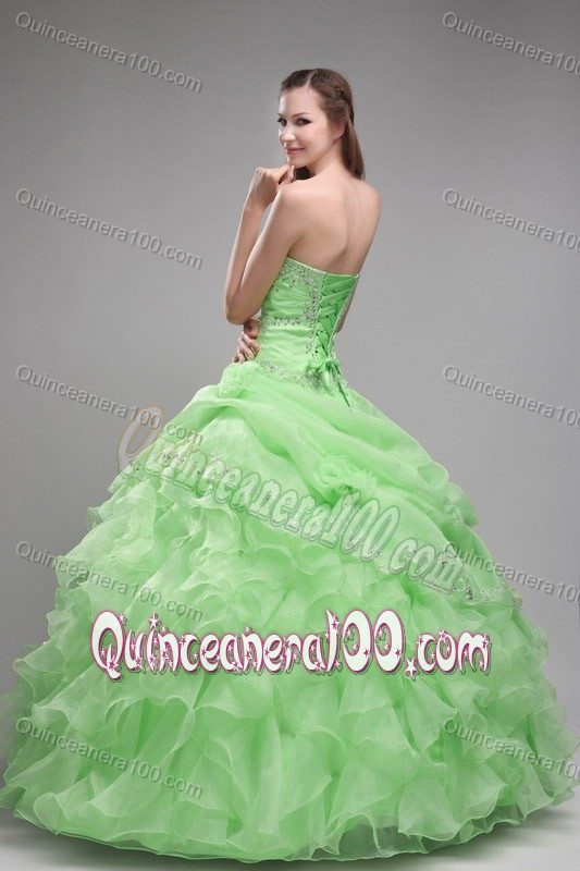 Beaded Spring Green Ruffled Organza Quinceanera Gown Dresses