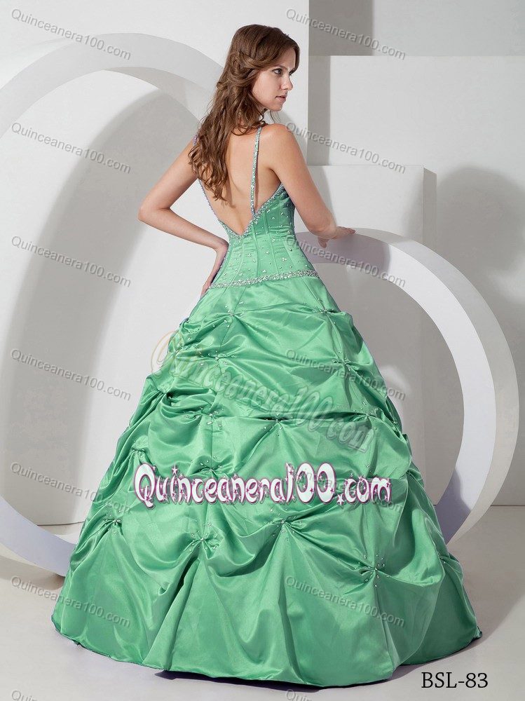 Spaghetti Straps Green Taffeta Sixteen Dresses with Pick-ups