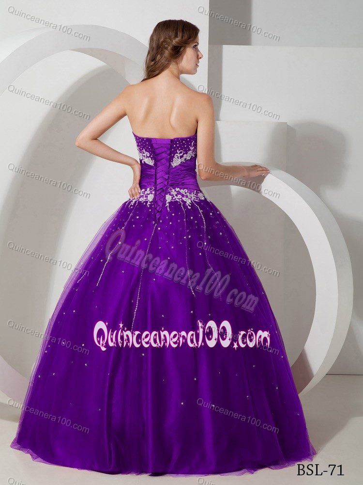 Purple Strapless Taffeta and Tulle Appliques Quinceneara Dress