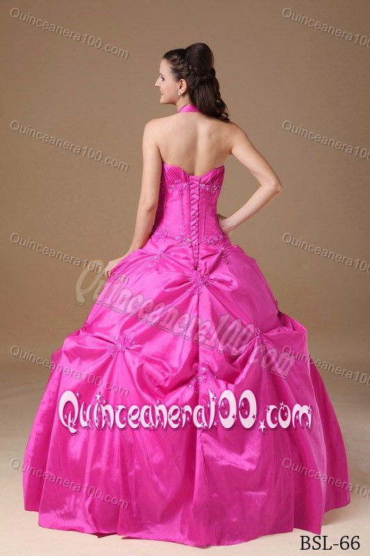 Hot Pink Beaded Taffeta Quinceanera Dresses with Pick-ups