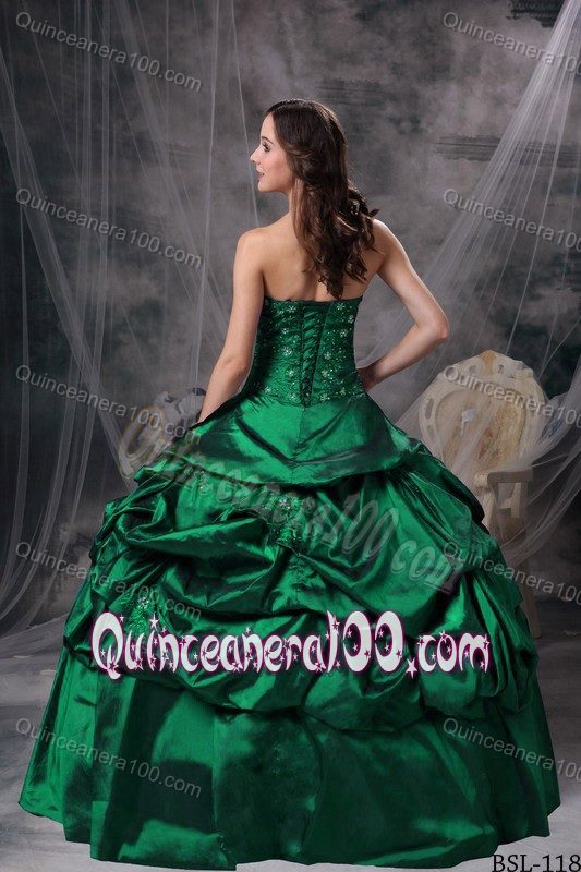 Green Appliqued Sweet 15 Dress with Pick ups and Hand Made Flowers