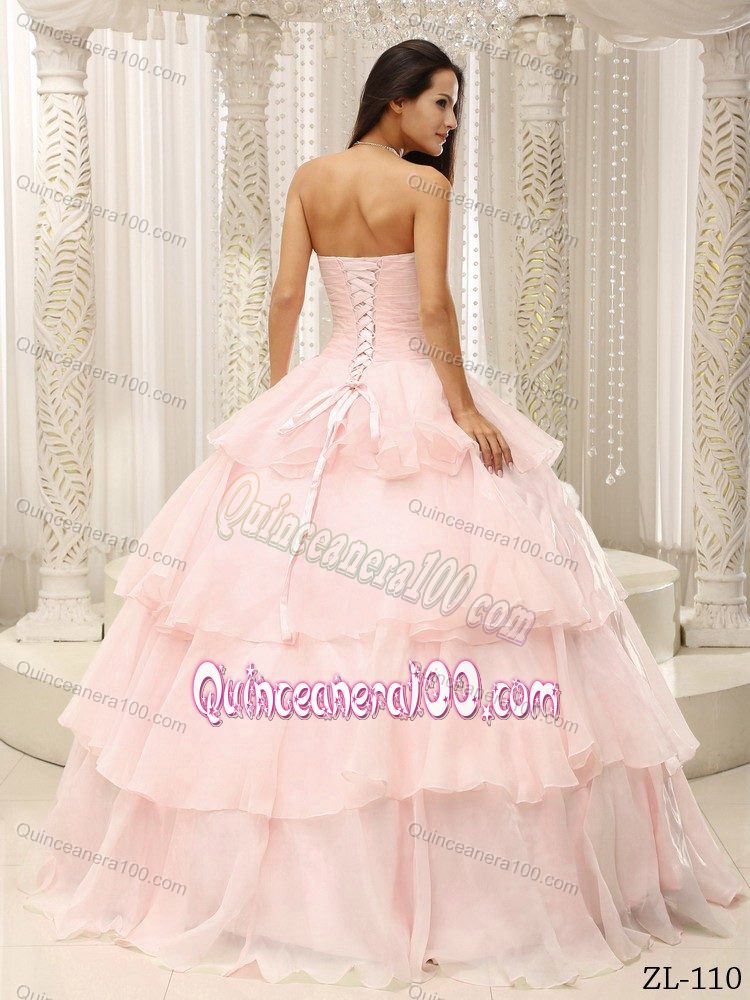 Flower Accent Waist Baby Pink Multi-Layered Dresses for a Quince