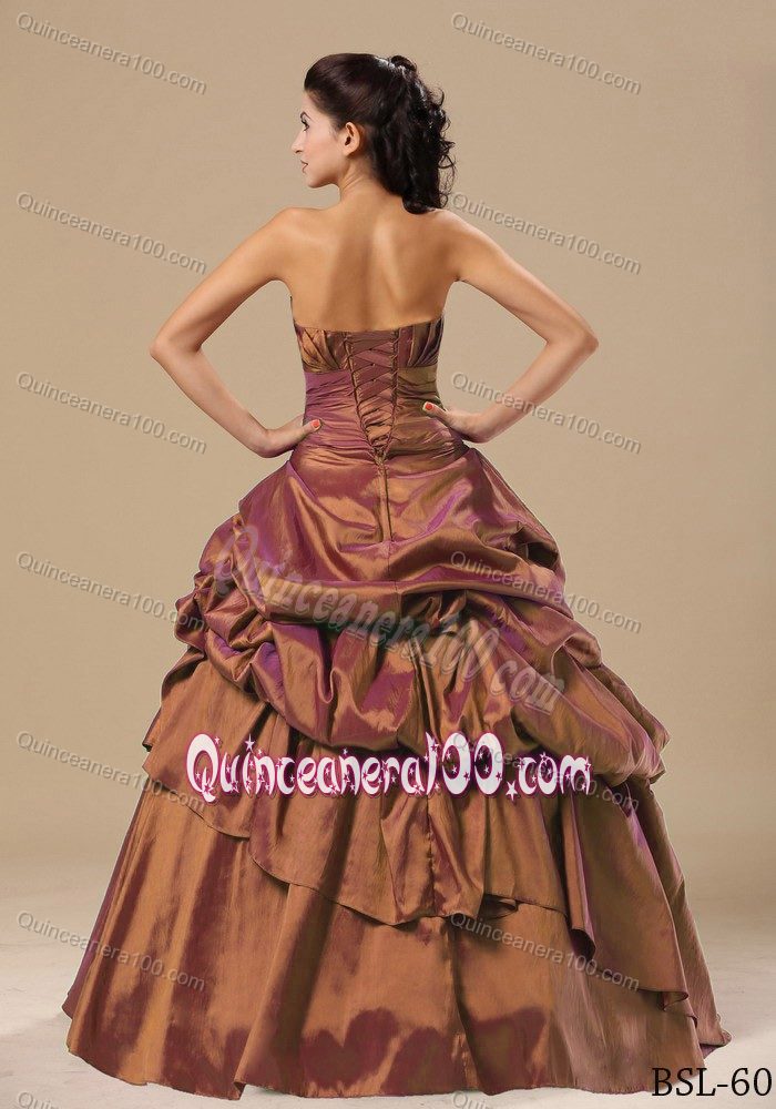 Bright Brown Ruched Appliqued Sweet Sixteen Dresses with Pick-ups