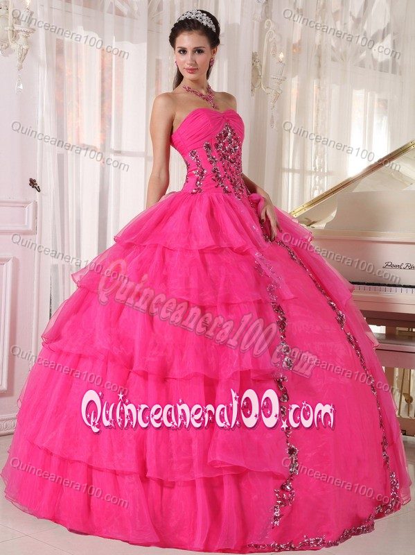 Beautiful Hot Pink Multi-Layered Sweet 16 Dresses with Appliques