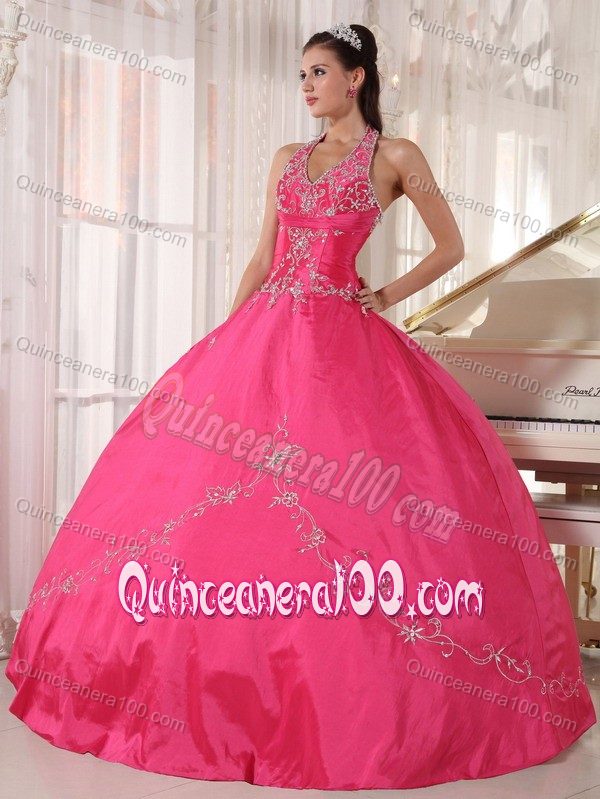 Coral Red Halter Top Beading Dress for Quince with Embroidery