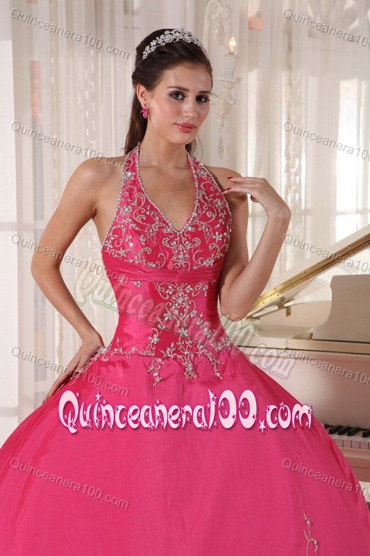 Coral Red Halter Top Beading Dress for Quince with Embroidery