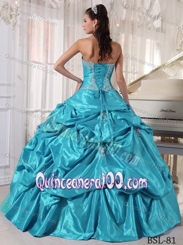 Strapless Aqua Blue Appliqued Dress for Quince with Pick-ups