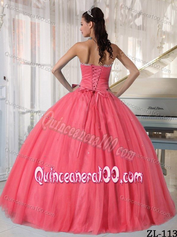 Lovely Watermelon Beading Dress for Quince with Bowknot