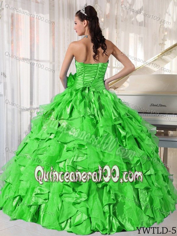 Spring Green Ruffled Quinceanera Dress with Ruches and Flowers