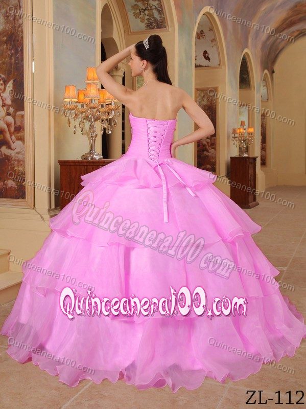 Pink Beading Organza Sweetheart Dress for Sweet 16 with Tiers