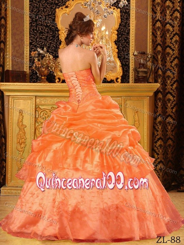 Popular Orange Red Embroidery Dress for Sweet 16 with Pick-ups