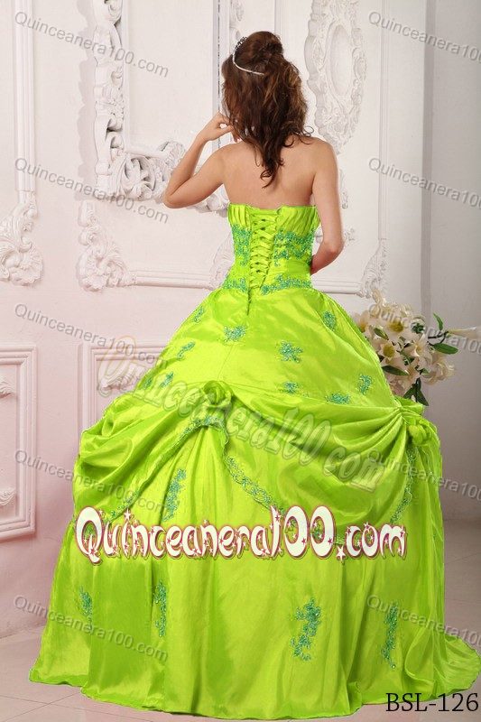 Strapless Yellow Green Dress for Quince with Appliques and Pick-ups