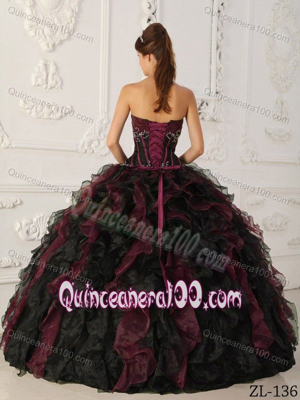 Burgundy and Black Dress for Quince with Ruffles and Appliques