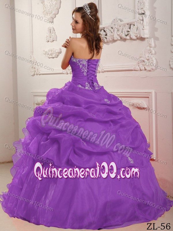 Elegant Purple Appliqued Dress for Quince with Pick-ups and Ruffles