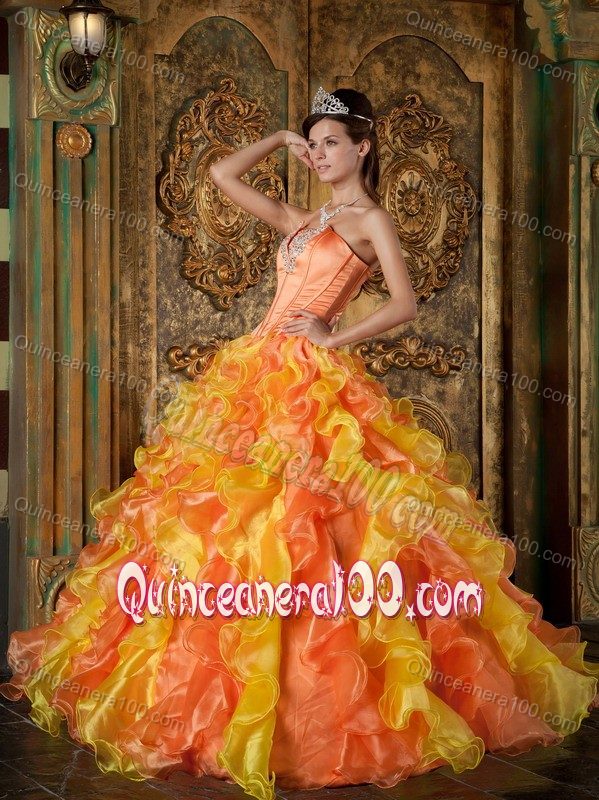 Orange and Yellow Sweet Sixteen Dresses with Appliques and Ruffles for Music Festival