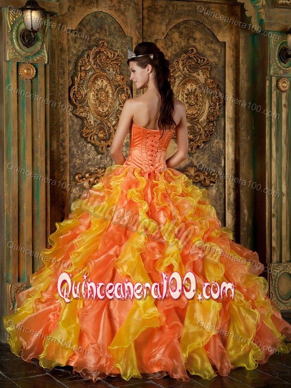 Orange and Yellow Sweet Sixteen Dresses with Appliques and Ruffles for Music Festival