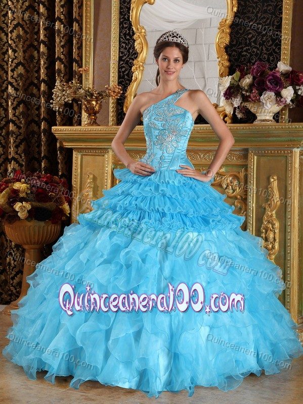 Aqua Blue Organza and Tulle Dresses for Quinceanera with Appliques