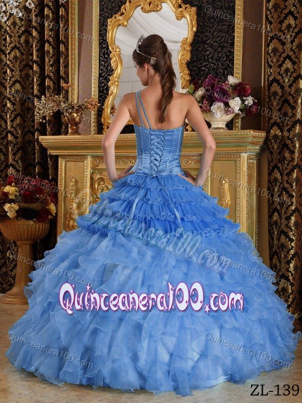 One Shoulder Tulle and Organza Appliques Sweet 16 Dresses in Blue